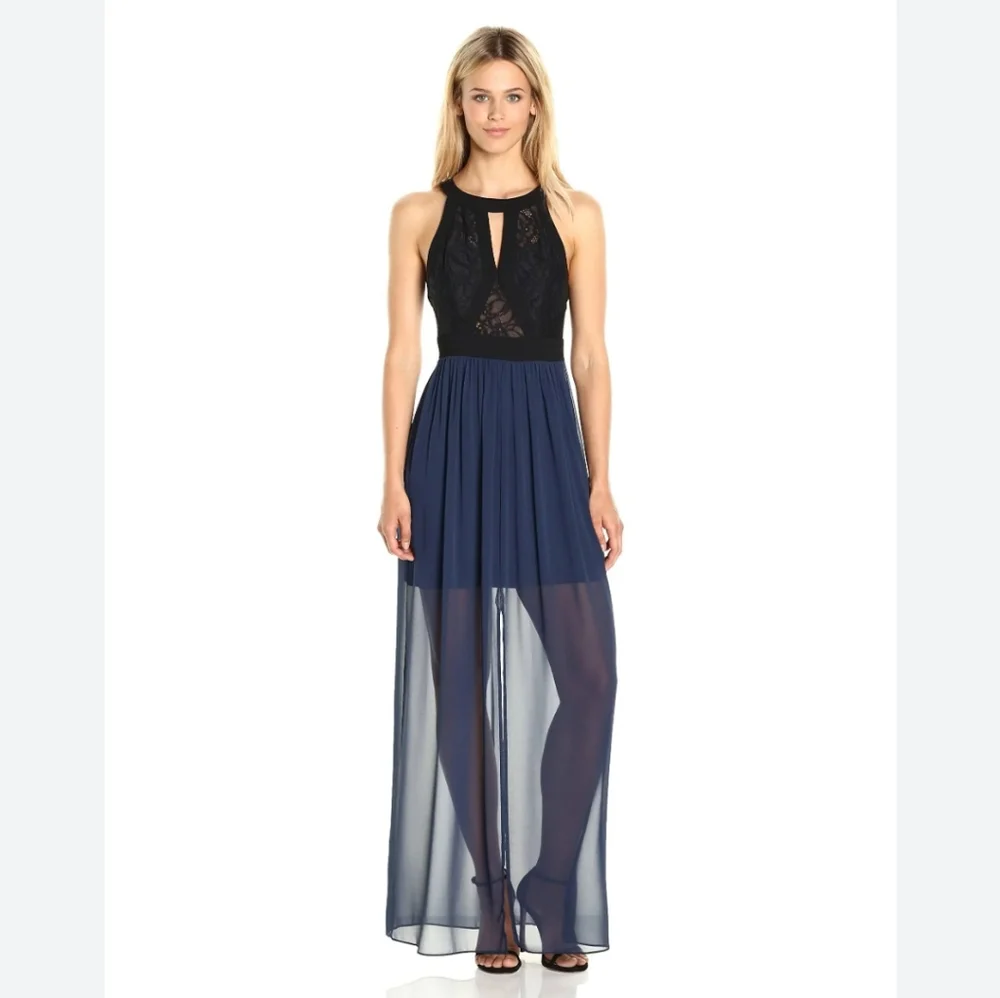 EUC BCBG Generation Navy Maxi With Black Lace Bodice Size 0 - Picture 1 of 10